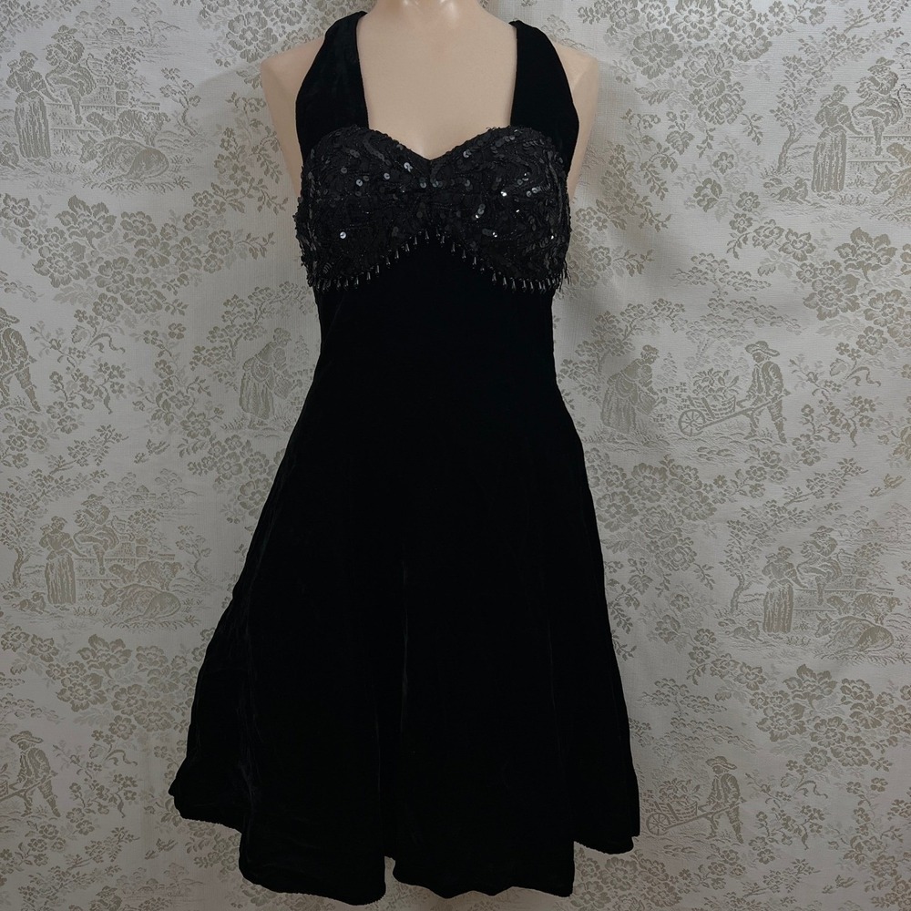 Notorious Mini Velvet Dress Coquette Black Whimsigoth Sequin Halter Beaded Glam